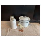Enamelware double boiler, heavy S&P shakers and a duck
