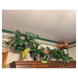 Artificial decor, glass counter jar w wooden lid, candleholders, kids art, etc