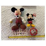 Disney Sega stuffed Mickey, Christmas tin, stickers