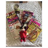 Grown up Mickey collectibles - Hugh Hefner Mickey with tags, playboy magazines and puzzle