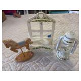 Lantern, wood trinket display and painted wood horse - all hand painted