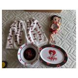 Betty Boop boxer shorts, wall hanging clock, plastic serving tray, and bowls