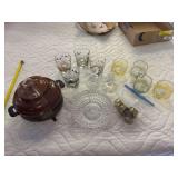 Brown Betty pot, wildlife glasses, napkin rings and glassware