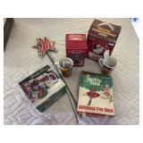 Christmas mugs, tree stand, stocking holder