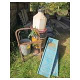 Blue car ramps, chicken waterer, hay harpoon fork and barrel Blue car ramps, chicken waterer, hay harpoon fork and barrel