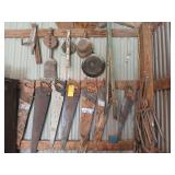 Hand saws, cast iron skillets, coal scoop, fork heads, hames Hand saws, cast iron skillets, coal scoop, fork heads, hames