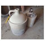 2 stoneware jugs 3 gallon & 5 gallon, 3 is missing handle 2 stoneware jugs 3 gallon & 5 gallon, 3 is missing handle
