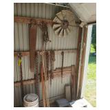 Log chains, traps, mini windmill fan, crosscut saw Log chains, traps, mini windmill fan, crosscut saw