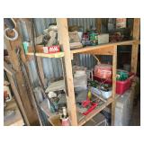 Shelf contents includes vise, planes, gas can, nuts, bolts, nails, etc Shelf contents includes vise, planes, gas can, nuts, bolts, nails, etc