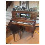 Crippen New York player piano with rose stained glass doors - beautiful condition and works, BRING HELP, but this is at floor level near the door.