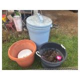 Plastic trash can, Large planter, snow fence