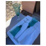 Large blue glass etched decorative goblets Large blue glass etched decorative goblets