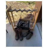 Three boots men’s size 11 - Frog Toggs, LaCrosse winter boots and waterproof boots plus storage rack Three boots men’s size 11 - Frog Toggs, LaCrosse winter boots and waterproof boots plus storage rack