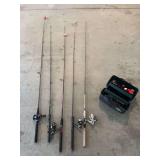 Five fishing poles and a tackle box