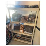 Plastic shelving unit and four hardware assortment bins, and boxes of screws