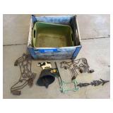 Antique wooden crate plus weathervane arrow & cast-iron bell