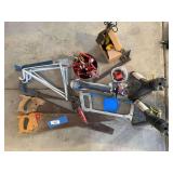 Trailer leveler stands, miscellaneous brackets, nail puller, saws