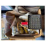 Small set of leather letter and number stamps plus assorted leather working items, including bells, drawer pulls, snaps