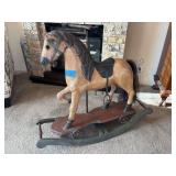 Antique wooden rocking horse, real horse hair tail