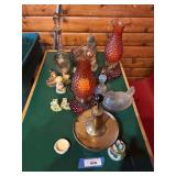 Glass hen on nest, lamps and collectibles