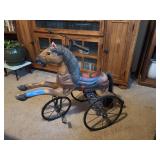 Antique wooden carnival horse tricycle with horse hair tail - broken leg and needing some TLC and repairs