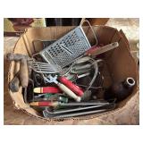 Box of antique and vintage kitchen utensils