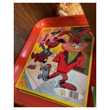 Mother Goose black patent shoes w original box, TeePee Toys puzzle, Lil Abner metal tray, Goldilocks and the three Bears music boxes