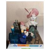 Vase, bottles, swan glass napkin holder, a nun, etc