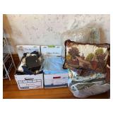 In corner includes decorative pillows, misc purses and bags, table cloths, comforters, etc