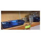 Blue glassware, clear glassware and Fire King