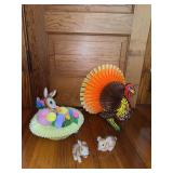 Two Beistle paper holiday centerpieces and two Homco rabbits