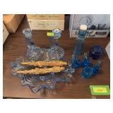 6 blue glass items