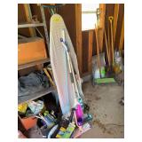 Ironing board, Swiffer mops and cleaning supplies and fluids