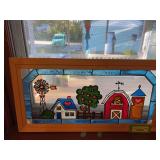 Framed stained glass farm scene 11.5x22.5