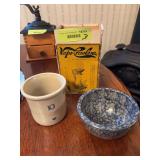 Red Wing 10 gallon crock miniature replica, mini stoneware bowl and Vapo-Cresolene lamp (not complete)