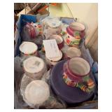 9 purple Gibson plates and 12 snowman mugs