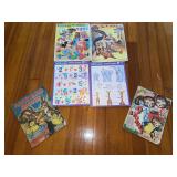 Four frame tray puzzles and two Merrill Publishing Co children’s books C 1936 and 1938