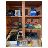 Qty of colored rubber worms, NIB lures, fishing line, filled knife and more