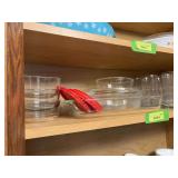 Drinking glasses, clear glassware baking dishes and 3 Pyrex bowls w lids