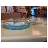(2) Pyrex 1.5qt divided casserole w lid-Snowflake pattern and Town & Country pattern