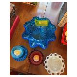 Votive holders, milk glass flower frog and blue console bowl