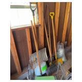 Snow shovels, rake, square nose shovel, snowmelt and kneeler (Garden or Church??)