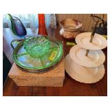 Spode tiered tray, cake stand and green depression glass relish tray