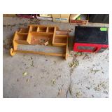 38" oak shelf w/ quilt rail and small microwave oven