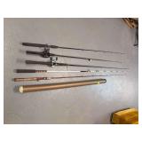 Assorted fishing poles, reels and carry case