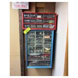 Drawer assortment w/drill bits and misc; cabinet with assorted gun lubricants and cleaning supplies
