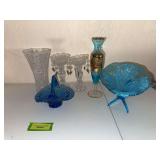 Blue hobnail basket, blue swirl cornucopia vase, blue & gold art glass vase, etc