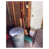 Brooms, shovels, galvanized trash can, sweeping compound, etc