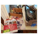 Recipe book, picture frames, tin sign, misc shelves