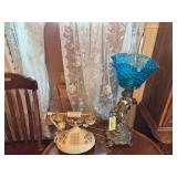 Push button phone and figural lamp with blue glass shade